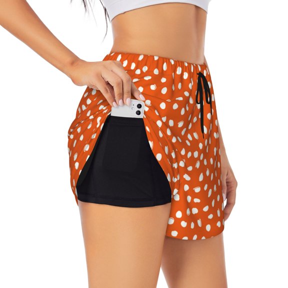 Rateoe Dots On Orange Background Printed 2 in 1 Women's Workout Shorts for Athletic Gym Running Shorts with Phone Pockets-Large