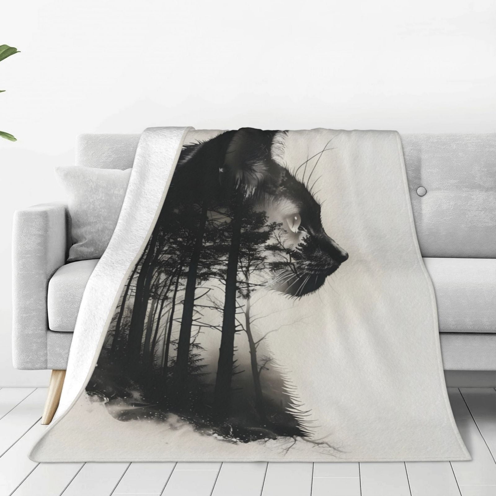 Rateoe Double Exposure Cat Forest Print Fuzzy Fleece Throw Blanket