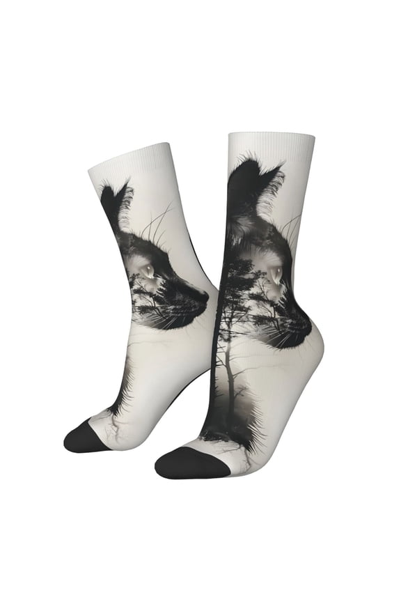 Double Exposure Cat Forest for Women Casual Calf Socks - Cute Crew Socks - Thin Soft Above Ankle Socks Size 5-11
