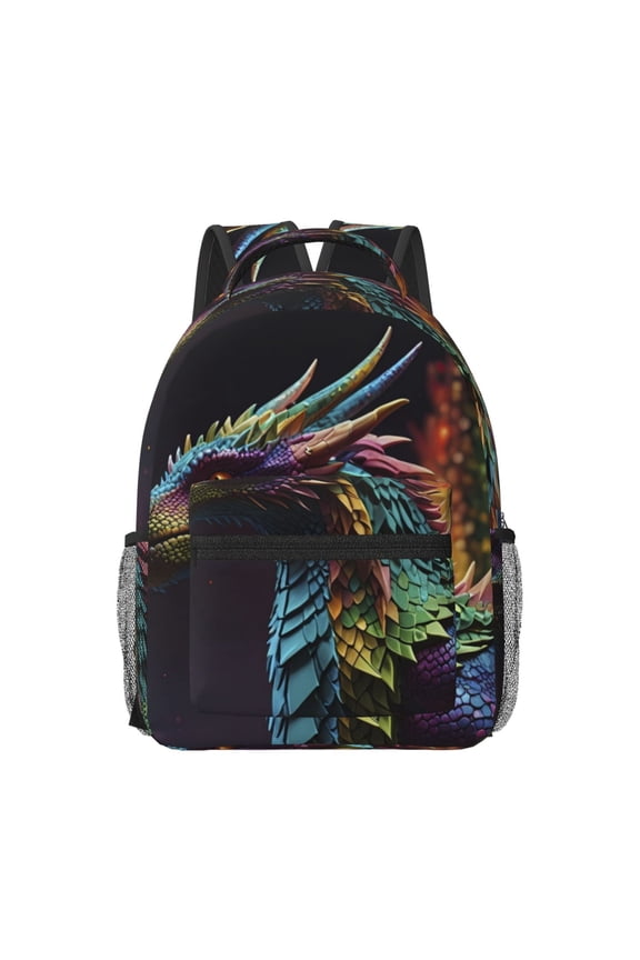 Dragon with Colorful Tail Pattern Durable Student Backpack Laptop Bag- Ergonomic Design, Waterproof Twill Fabric - Ideal for School, Travel, and Outdoor Activities-One Size