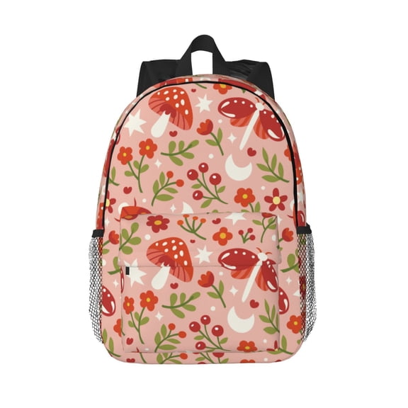 Rateoe Dragonfly Mushroom Pattern Student Backpack Water-resistant Backpack 15-inch Laptop Backpack Lightweight Adjustable School Backpack