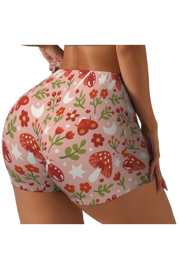 Dragonfly Mushroom Printed Power Workout Shorts for Women Tummy Control Squat Proof Ribbed Thick Seamless Scrunch Active Short-Medium
