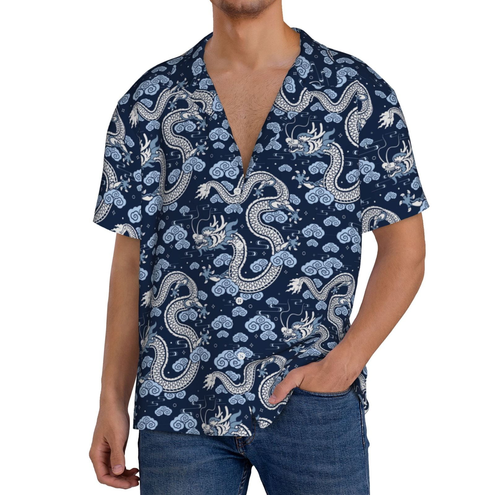 Rateoe Dragons Print Mens Front Pocket Hawaiian Shirts Casual Shirts ...