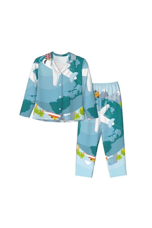 Dreaming Travel Pattern Womens Pajamas Set Long Sleeve Sleepwear Button Down Nightwear Soft Cotton Pj Lounge Sets