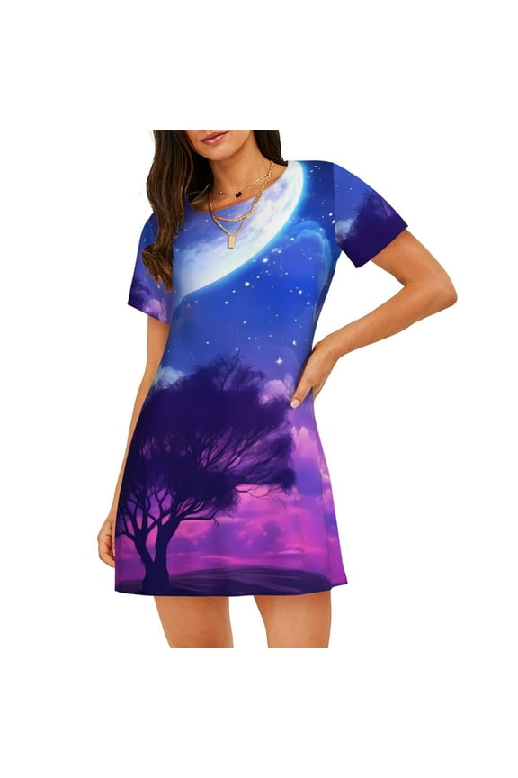 Dreamy Colorful Starry Sky Print Women’s Nightdress – Cozy Cotton Short-sleeved Sleep Shirt, Loose-Fit Sleepwear, Perfect for Relaxing and Sleeping