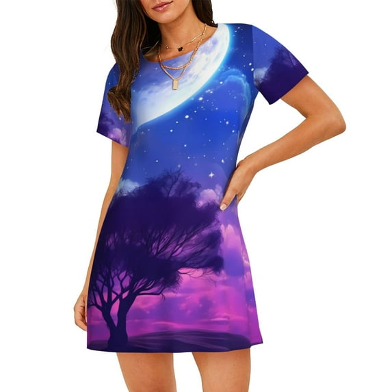Rateoe Dreamy Colorful Starry Sky Print Women’s Nightdress – Cozy Cotton Short-sleeved Sleep Shirt, Loose-Fit Sleepwear, Perfect for Relaxing and Sleeping