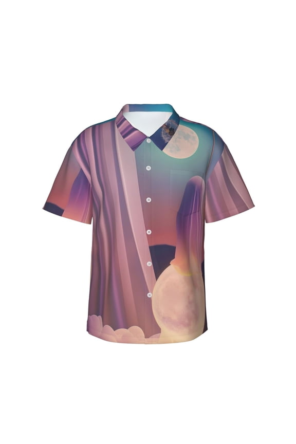 Dreamy Moonlit Window Pattern Men’s Hawaiian Shirt – Short Sleeve Button-Down Tropical Beach Shirt, Lightweight & Breathable Casual Aloha Shirt with Pocket,Medium