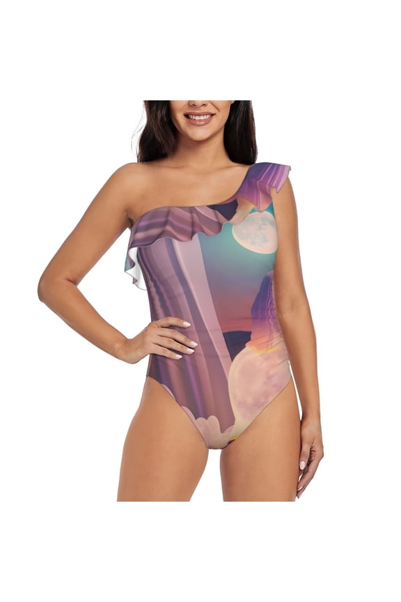 Dreamy Moonlit Window Pattern Women One Piece Swimsuits Tummy Control One Shoulder Bathing Suits Ruffle Swimwear-