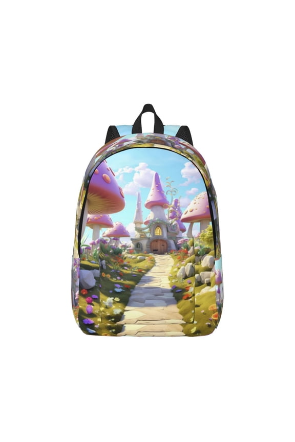 Dreamy Mushroom House Pattern Canvas College Laptop Backpack,Travel Daypack,Durable Rucksack Travel Notebook Bag School Backpack Book Bag for Men Women-Small