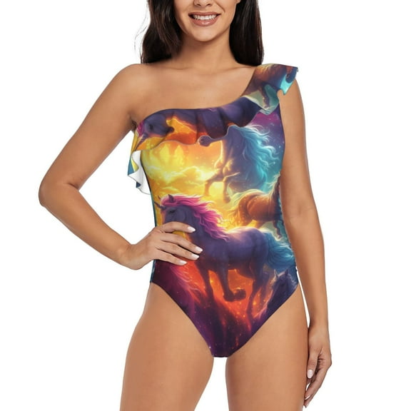 Rateoe Dreamy Night Sky White Horse Pattern Women One Piece Swimsuits Tummy Control One Shoulder Bathing Suits Ruffle Swimwear-Medium