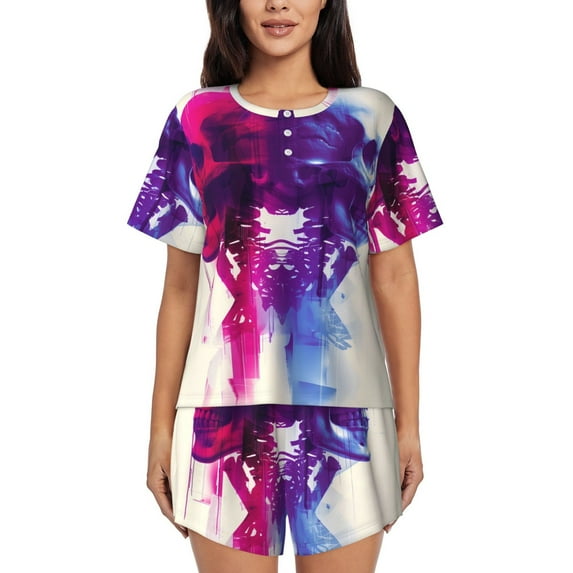 Rateoe Dual Skulls Colorful Fusion for 2 Piece Short Sleeves Pajama Sets Casual Lounge Sleepwear Ladies Pjs Sets with Pocket-3X-Large