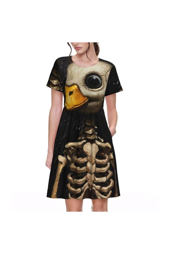 Duck Bones Pattern Women’s Short Sleeve Dress – Casual Elegant Summer A-Line Dress for Everyday Wear