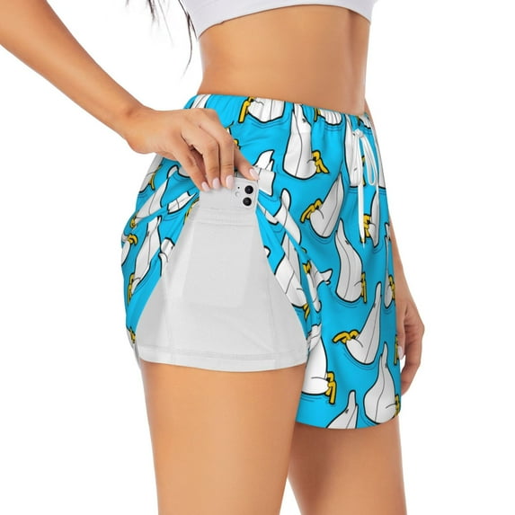Rateoe Duck Dives Printed 2 in 1 Women's Workout Shorts for Athletic Gym Running Shorts with Phone Pockets-XX-Large