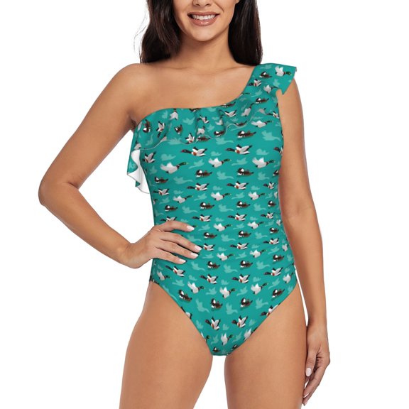 Rateoe Ducks A Pattern Women One Piece Swimsuits Tummy Control One Shoulder Bathing Suits Ruffle Swimwear-