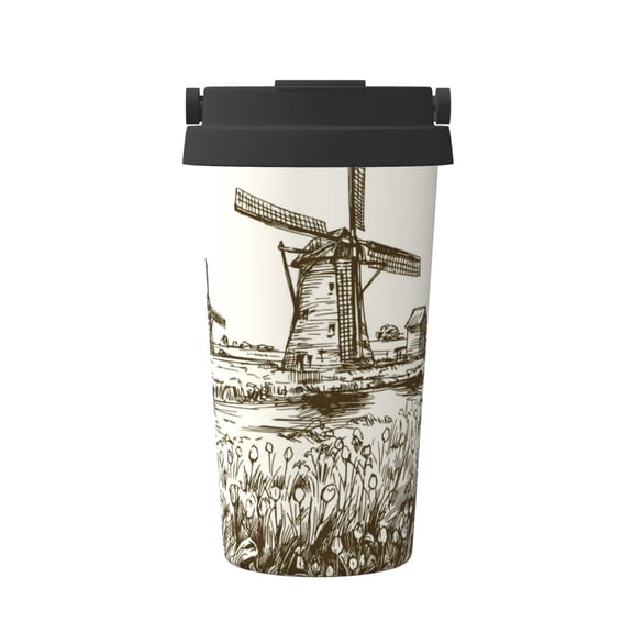 Rateoe Dutch Windmill Pattern Travel Coffee Mug Tumbler with Flip Lid | Reusable Insulated Stainless Steel Cold Brew Iced Coffee Cup Thermos