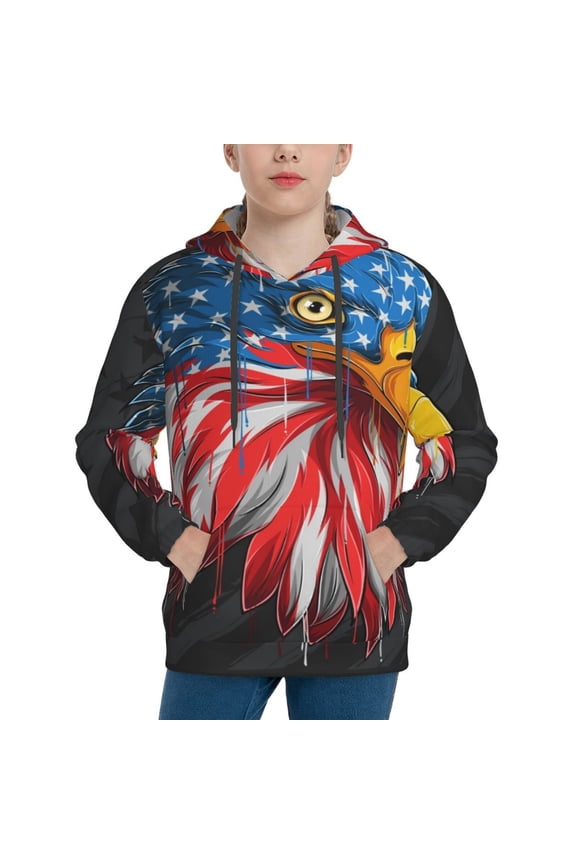 Eagle Head With American Flag Pattern Boys Hoodie, Youth Pullover Hooded Sweatshirt, Kangaroo Pocket Hoodie for Kids-Large