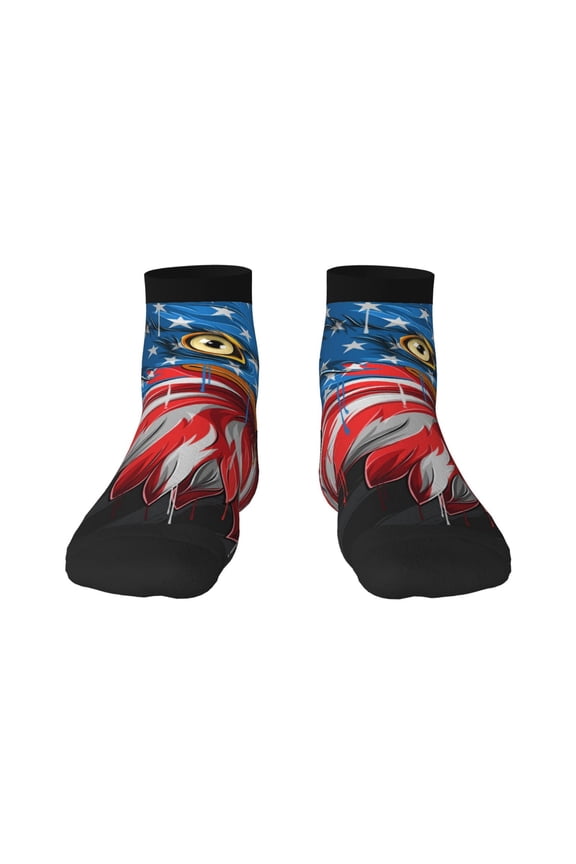 Eagle Head With American Flag Pattern Quarter Crew Socks,Toe Seamed Ankle Socks,Cotton Cushioned Breathable Athletic Crew Sports Socks