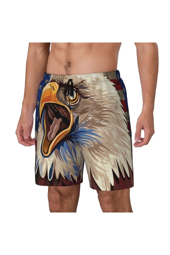 Eagle With USA Flags Pattern Men’s Swim Shorts with Compression Liner – Double-Layered Quick-Dry Swimwear, Comfortable & Stretchy Beach Shorts-Medium