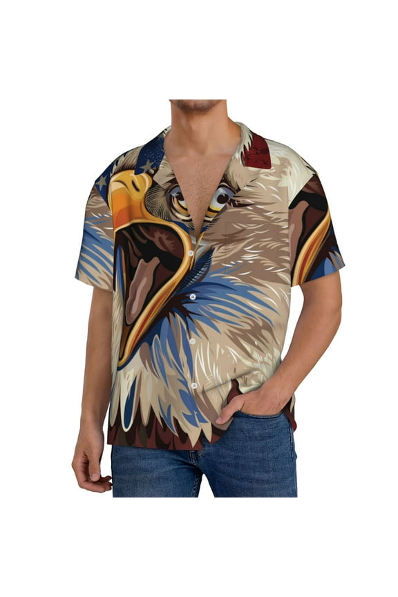 Eagle With USA Flags Pattern Men's Short Sleeve Classic Shirt, Casual Short-Sleeved Shirt, Lightweight Summer Shirt, Cuban Collar Shirt,Button-Front Shirt-Large