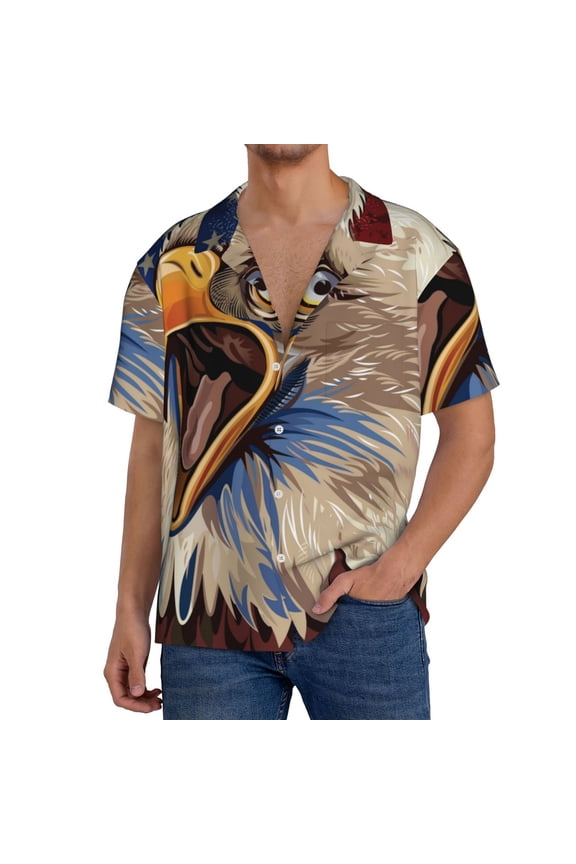 Eagle With USA Flags Pattern Men's Short Sleeve Classic Shirt, Casual Short-Sleeved Shirt, Lightweight Summer Shirt, Cuban Collar Shirt,Button-Front Shirt-Medium