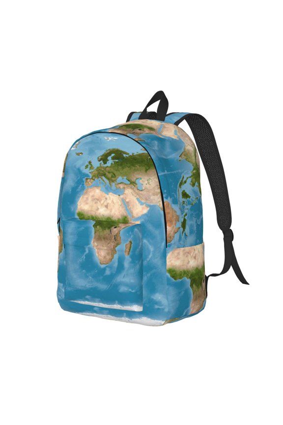 Earth View World Map Pattern Durable Canvas Backpack for Men & Women – Stylish & Lightweight – Adjustable Straps, Multiple Pockets – Fits 15-17 Inch LaptopsSmall