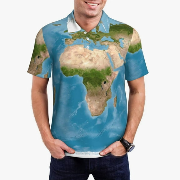 Rateoe Earth View World Map Pattern Men's Short Sleeve Polo Shirts, Golf Polo Shirts Short Sleeve Performance Moisture Wicking Dry-Small