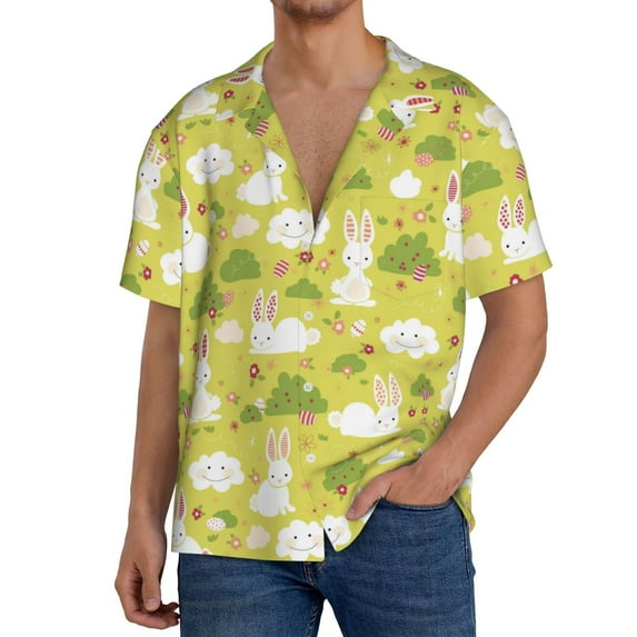 Rateoe Easter Bunny Pattern Men's Short Sleeve Classic Shirt, Casual Short-Sleeved Shirt, Lightweight Summer Shirt, Cuban Collar Shirt,Button-Front Shirt-4X-Large
