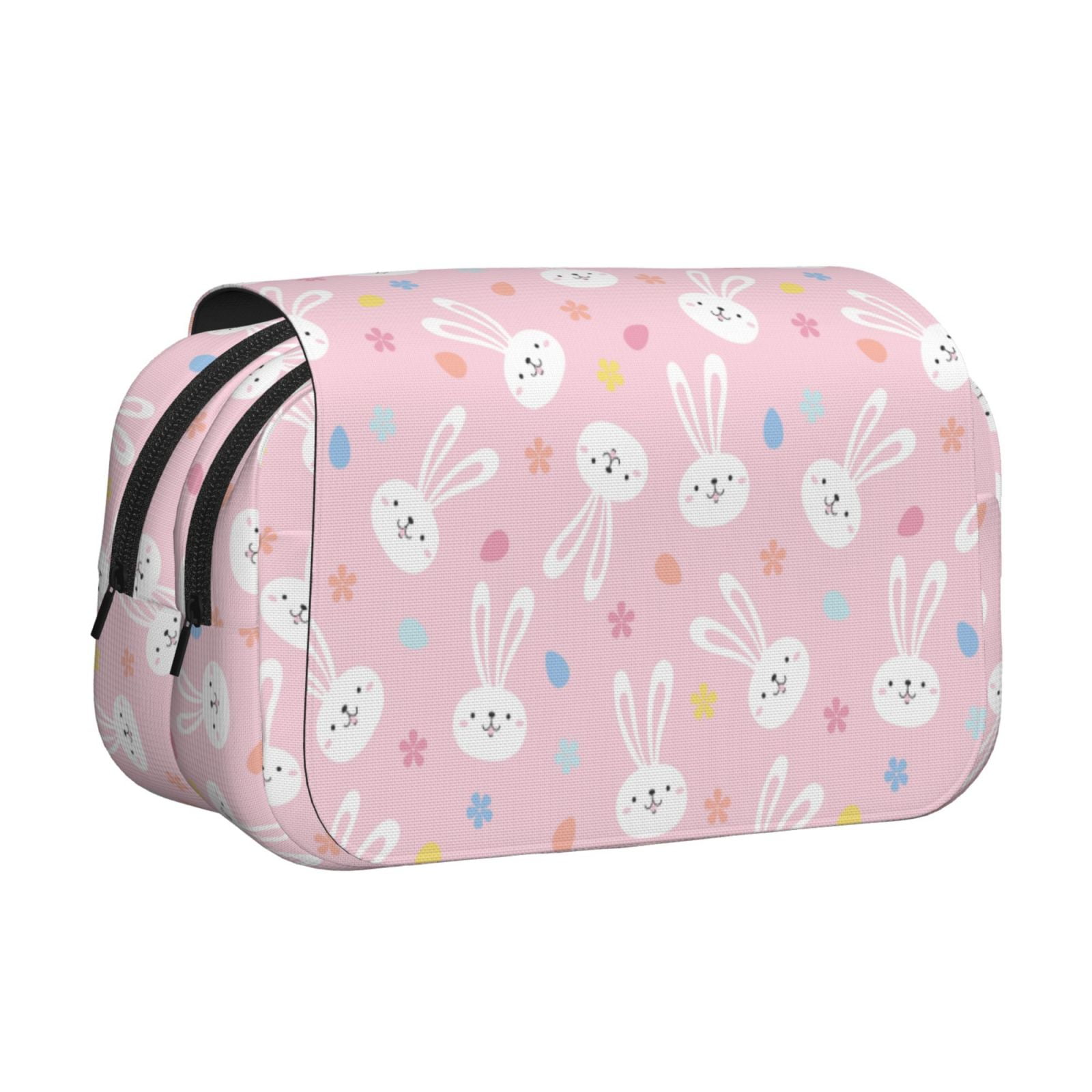 Rateoe Easter Cute Rabbit Pattern Double Clamshell Pen Case, Storage Organizer with Two Zipper Compartments– Holds Up to 50 Pencils & Pens
