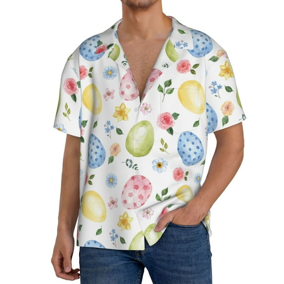 Rateoe Easter Egg3 Pattern Men's Short Sleeve Classic Shirt, Casual Short-Sleeved Shirt, Lightweight Summer Shirt, Cuban Collar Shirt,Button-Front Shirt-X-Large