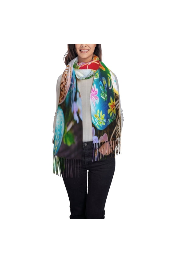 Easter Eggs Printed Women's Traditional Scarf Wrap Tassel Shawl Fringes Neck Head Shawl Retro Scarf