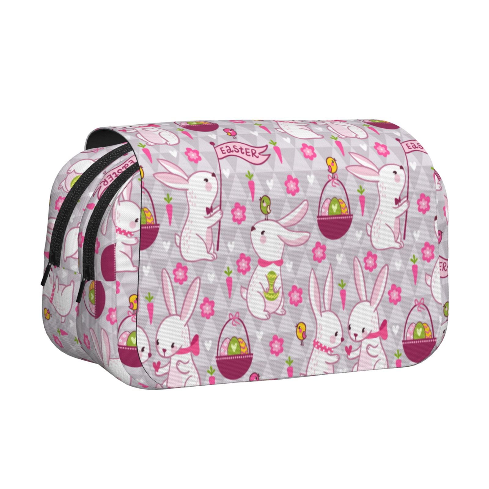 Rateoe Easter Rabbit Pattern Double Clamshell Pen Case, Storage Organizer with Two Zipper Compartments– Holds Up to 50 Pencils & Pens