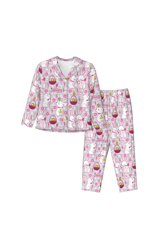 Easter Rabbit Pattern Womens Pajamas Set Long Sleeve Sleepwear Button Down Nightwear Soft Cotton Pj Lounge Sets