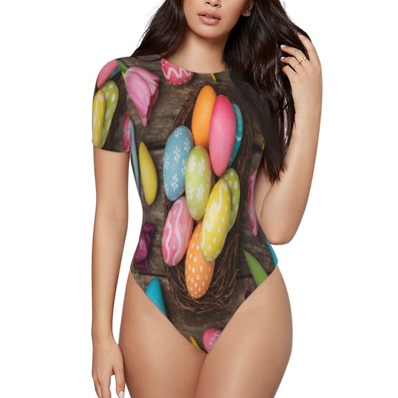 Rateoe Easter eggs Printed Women Rash Guard Short Sleeve,Tummy control Swimsuit Surfing Swimsuit Bathing Suit Short-sleeved Onesie UPF 50+-