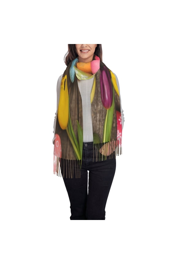 Easter eggs Printed Women's Traditional Scarf Wrap Tassel Shawl Fringes Neck Head Shawl Retro Scarf