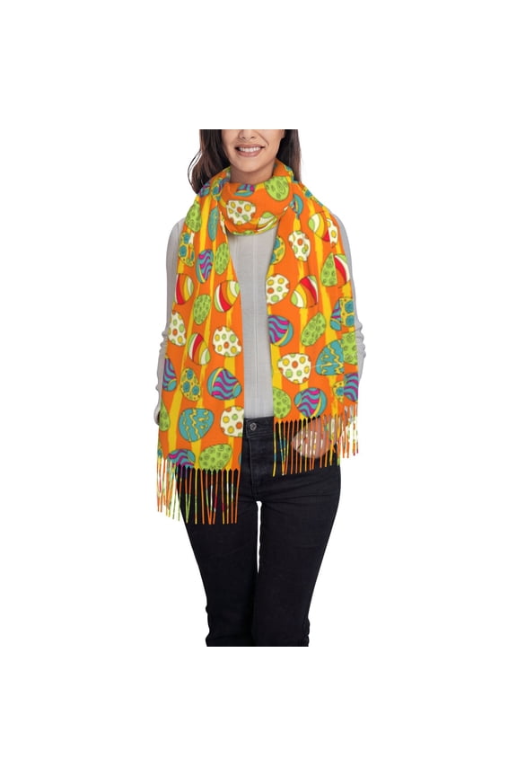 Easter eggs Printed Women's Traditional Scarf Wrap Tassel Shawl Fringes Neck Head Shawl Retro Scarf