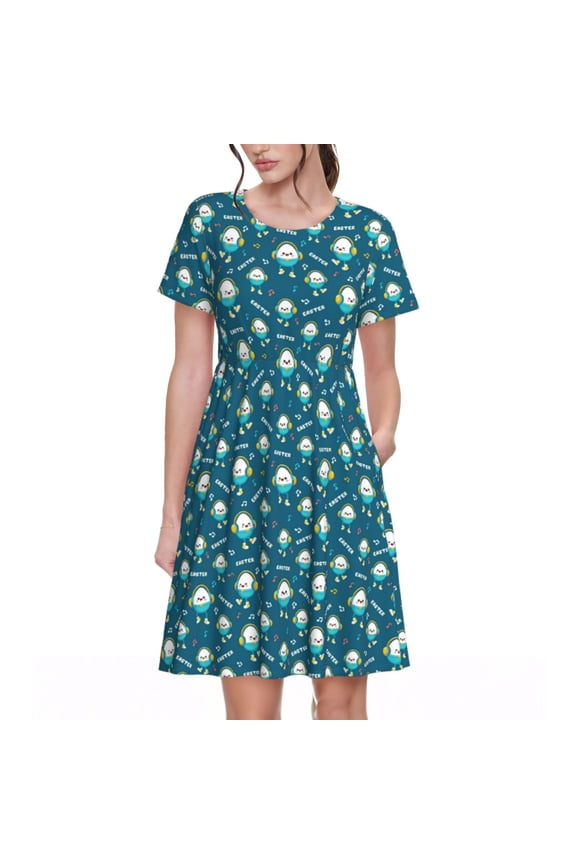 Easter eggs dancing to music Pattern Women’s Short Sleeve Dress – Casual Elegant Summer A-Line Dress for Everyday Wear