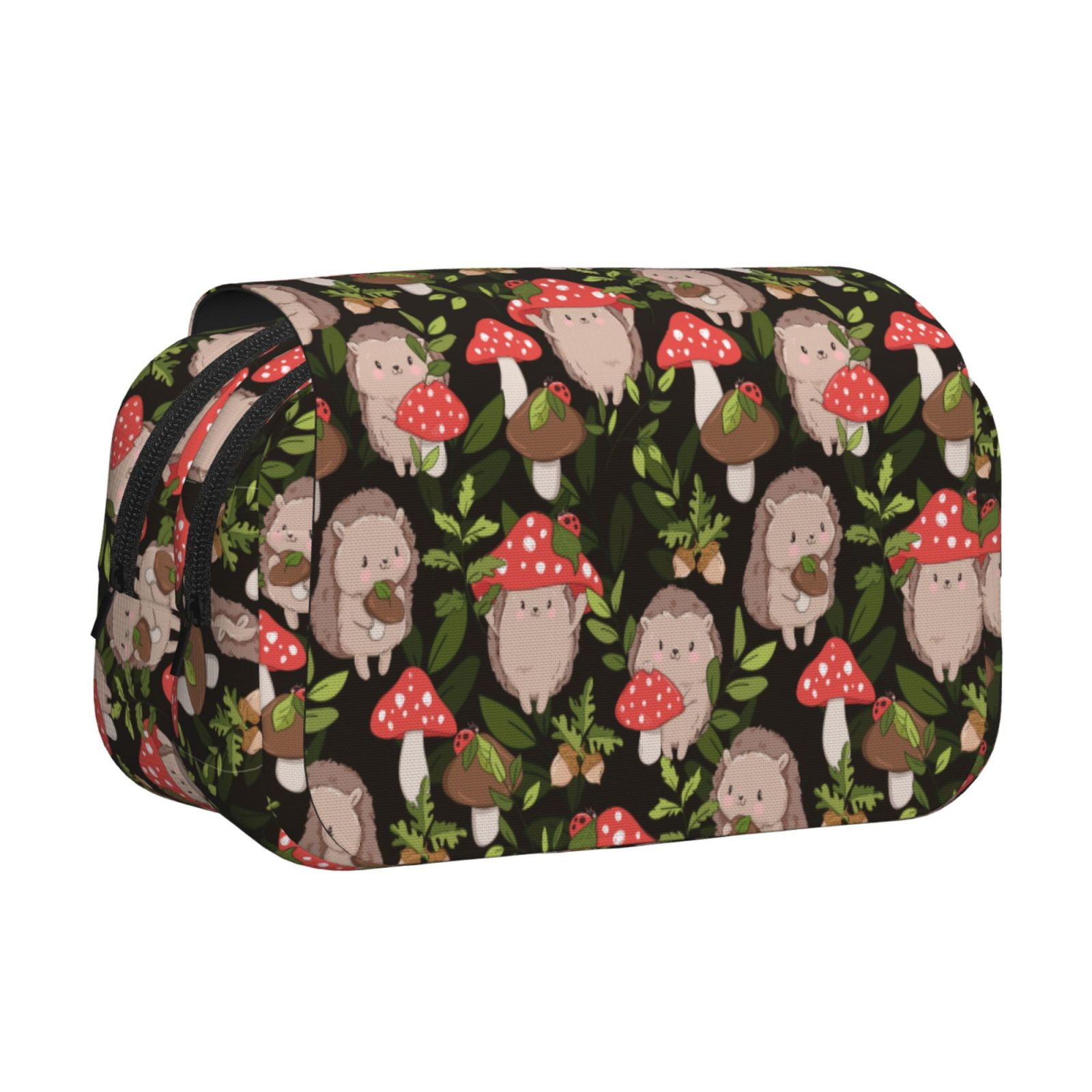 Rateoe Edgehog and Mushrooms Pattern Double Clamshell Pen Case, Storage Organizer with Two Zipper Compartments– Holds Up to 50 Pencils & Pens