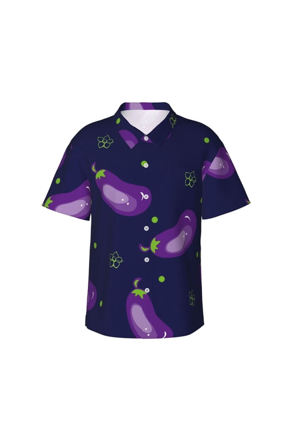 Eggplant Pattern Men’s Hawaiian Shirt – Short Sleeve Button-Down Tropical Beach Shirt, Lightweight & Breathable Casual Aloha Shirt with Pocket,3X-Large