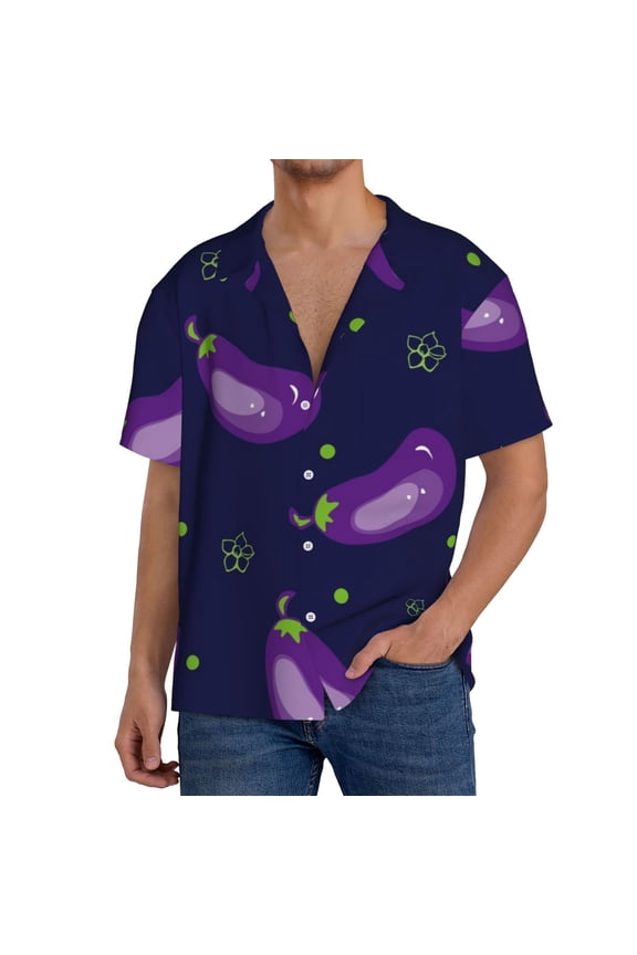 Eggplant Pattern Men's Short Sleeve Classic Shirt, Casual Short-Sleeved Shirt, Lightweight Summer Shirt, Cuban Collar Shirt,Button-Front Shirt-Medium