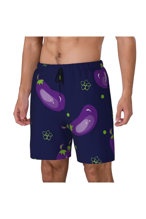 Eggplant Pattern Men’s Swim Shorts with Compression Liner – Double-Layered Quick-Dry Swimwear, Comfortable & Stretchy Beach Shorts-Small
