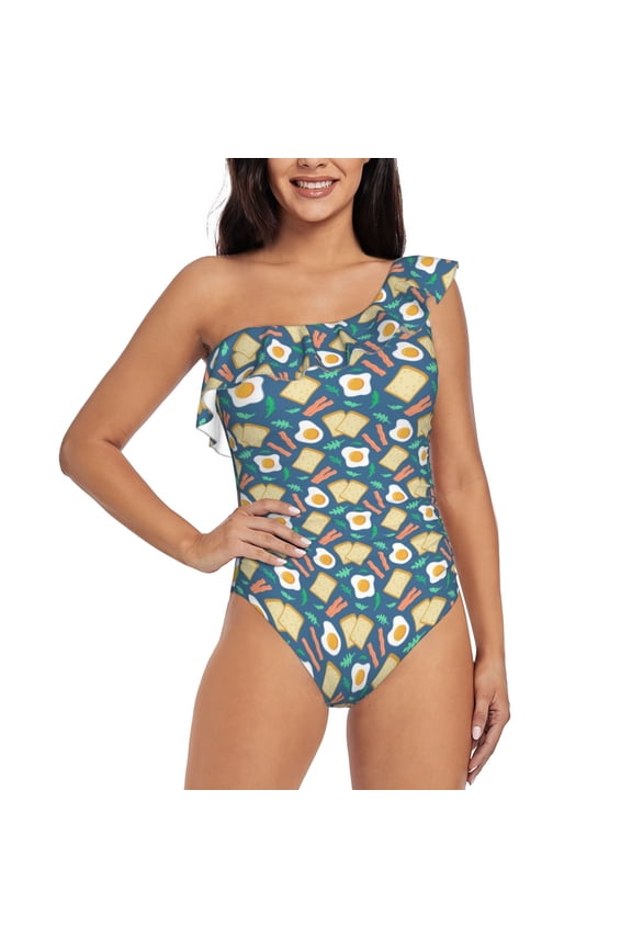 Eggs Toast Bacon And Arugula Pattern Women One Piece Swimsuits Tummy Control One Shoulder Bathing Suits Ruffle Swimwear-Medium
