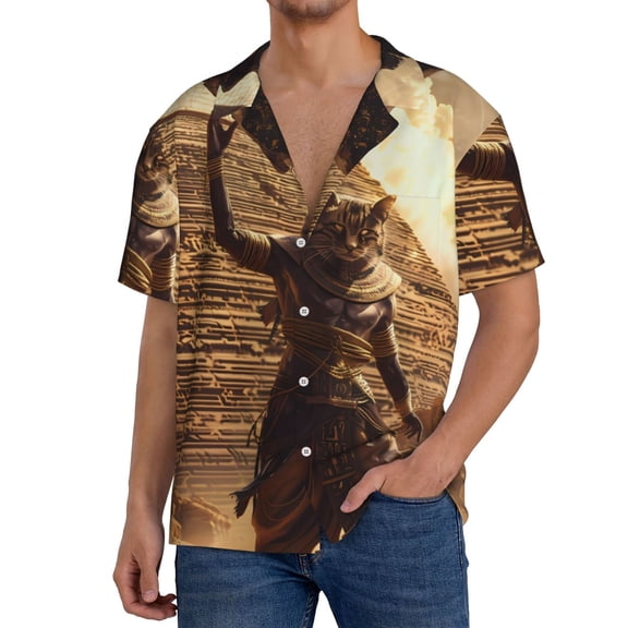 Rateoe Egyptian Cat Pharaoh Magic Pattern Men's Short Sleeve Classic Shirt, Casual Short-Sleeved Shirt, Lightweight Summer Shirt, Cuban Collar Shirt,Button-Front Shirt-XX-Large