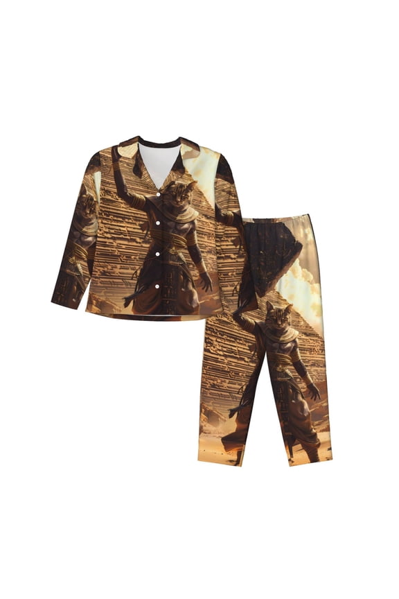 Egyptian Cat Pharaoh Magic Pattern Womens Pajamas Set Long Sleeve Sleepwear Button Down Nightwear Soft Cotton Pj Lounge Sets-Large