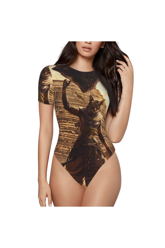 Egyptian Cat Pharaoh Magic Printed Women Rash Guard Short Sleeve,Tummy control Swimsuit Surfing Swimsuit Bathing Suit Short-sleeved Onesie UPF 50+ -