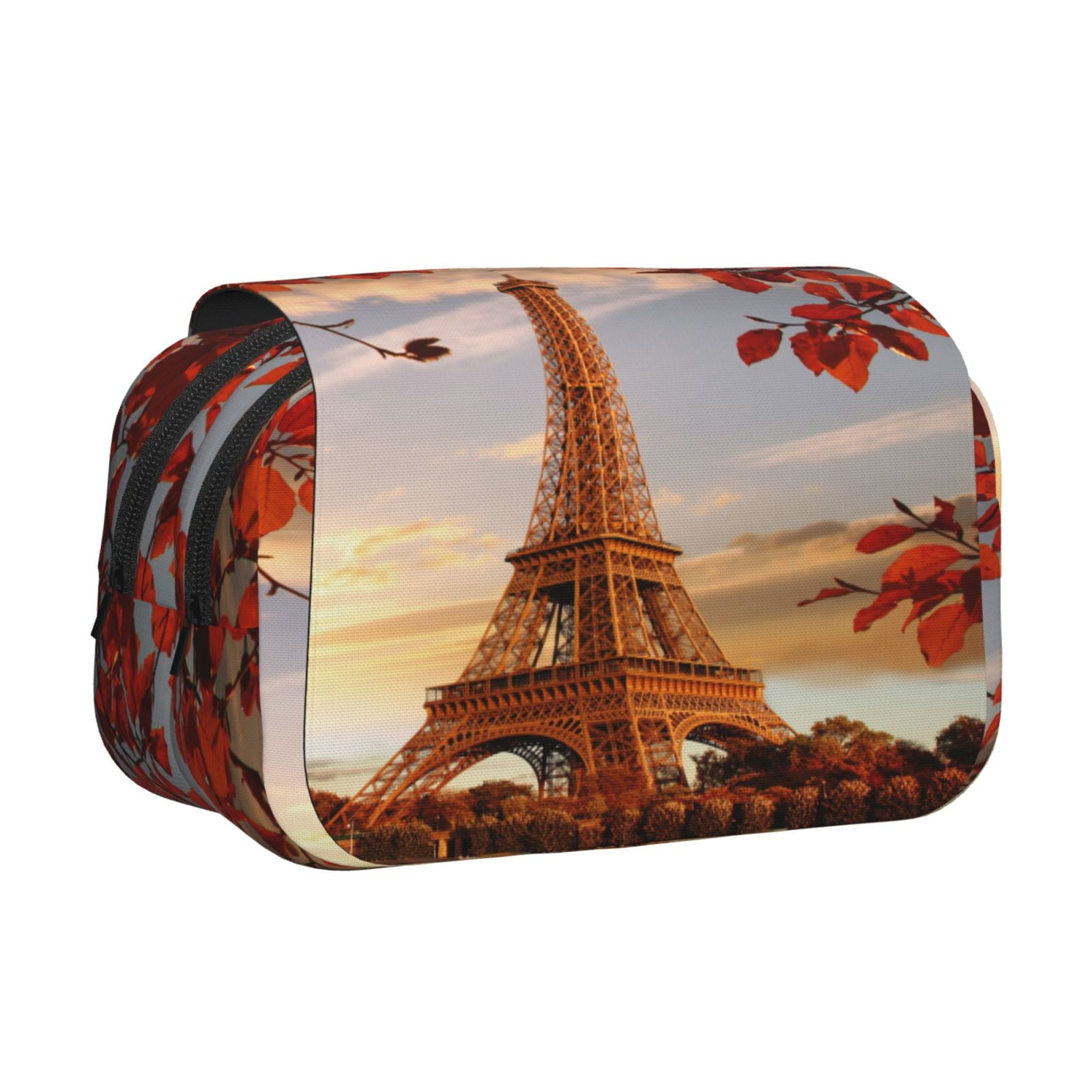 Rateoe Eiffel Tower Pattern Double Clamshell Pen Case, Storage Organizer with Two Zipper Compartments– Holds Up to 50 Pencils & Pens
