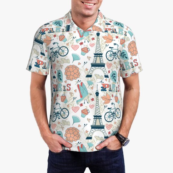 Rateoe Eiffel Tower Pattern Men's Short Sleeve Polo Shirts, Golf Polo Shirts Short Sleeve Performance Moisture Wicking Dry-Small