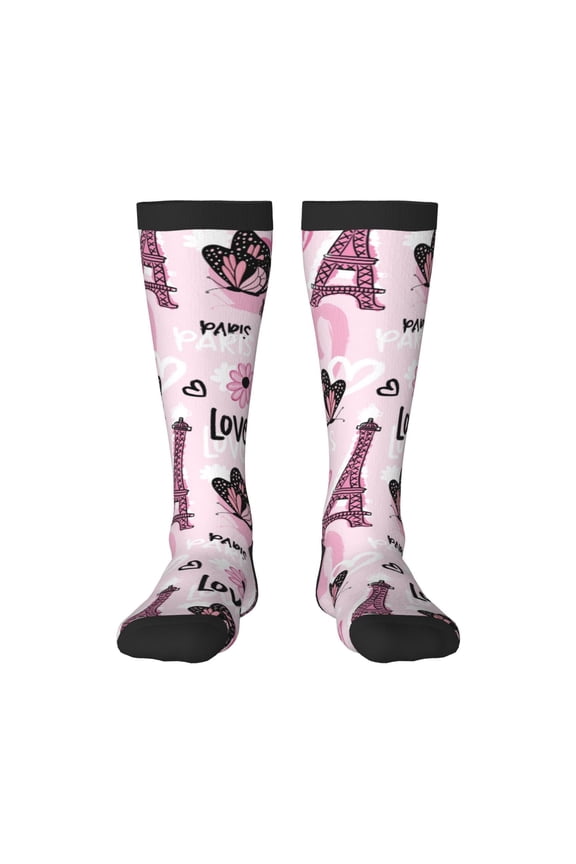 Eiffel Tower and Butterflies Pattern Women’s Knee High Crew Socks,Trouser Socks Comfortable, Breathable, Moisture-Wicking and Soft