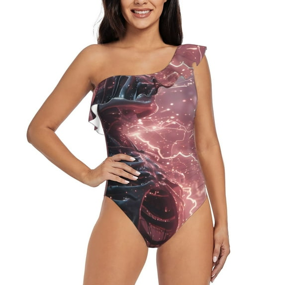 Rateoe Electric Skeleton Surrealism Pattern Women One Piece Swimsuits Tummy Control One Shoulder Bathing Suits Ruffle Swimwear-Large