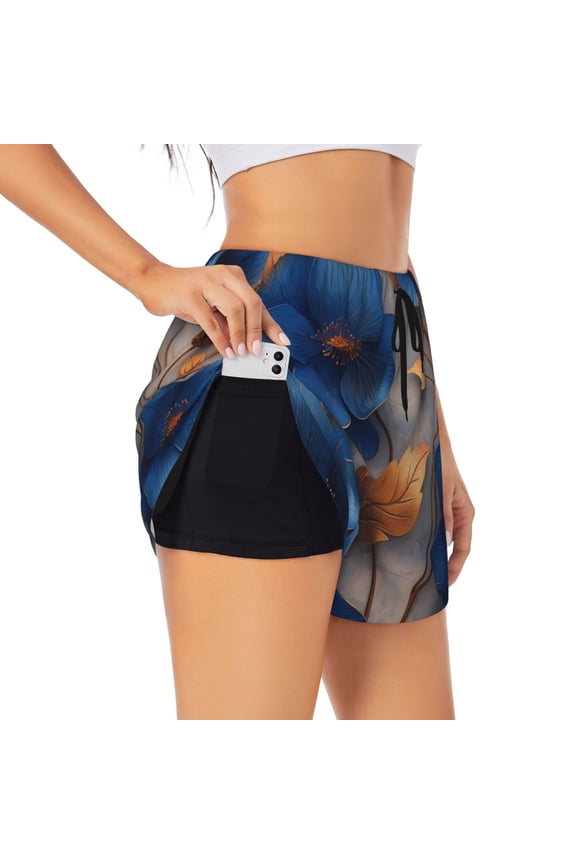 Elegant Blue Gold Blooms Printed 2 in 1 Women's Workout Shorts for Athletic Gym Running Shorts with Phone Pockets-Large