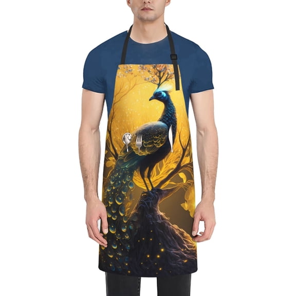 Rateoe Elegant Gold Leaf Peacock Aprons with Pocket,Men Womens Aprons Waterproof Adjustable Cooking Aprons for Kitchen Gardening and Salon